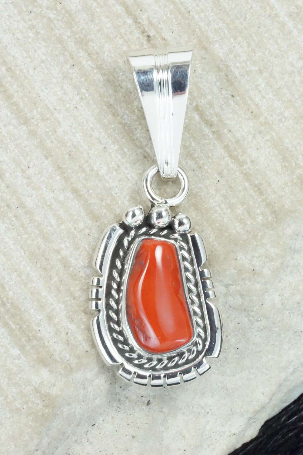 Coral & Sterling Silver Pendant - Samuel Yellowhair