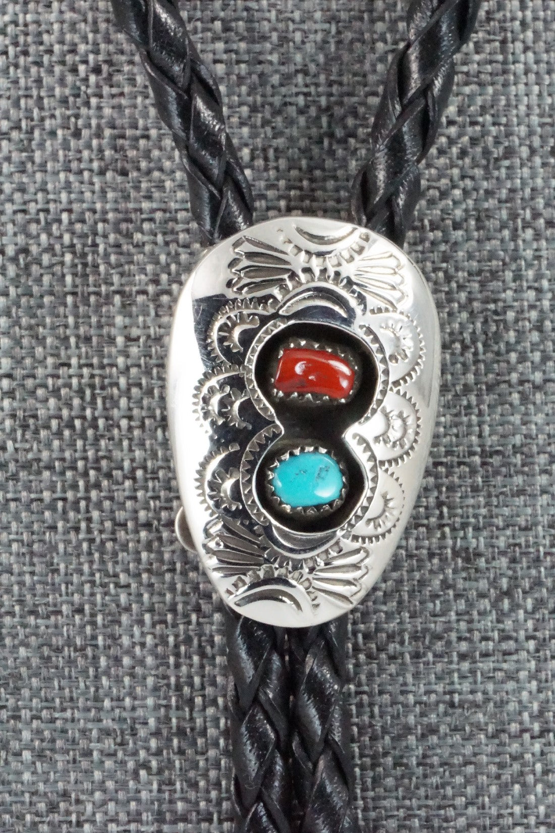 Turquoise, Coral & Sterling Silver Bolo Tie - Joann Silver