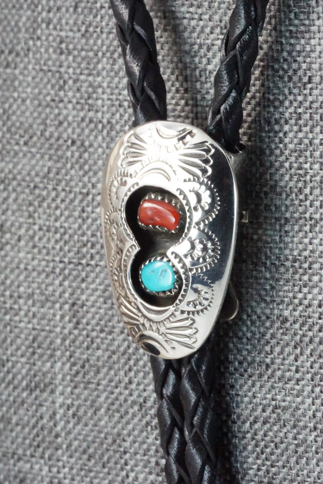 Turquoise, Coral & Sterling Silver Bolo Tie - Joann Silver