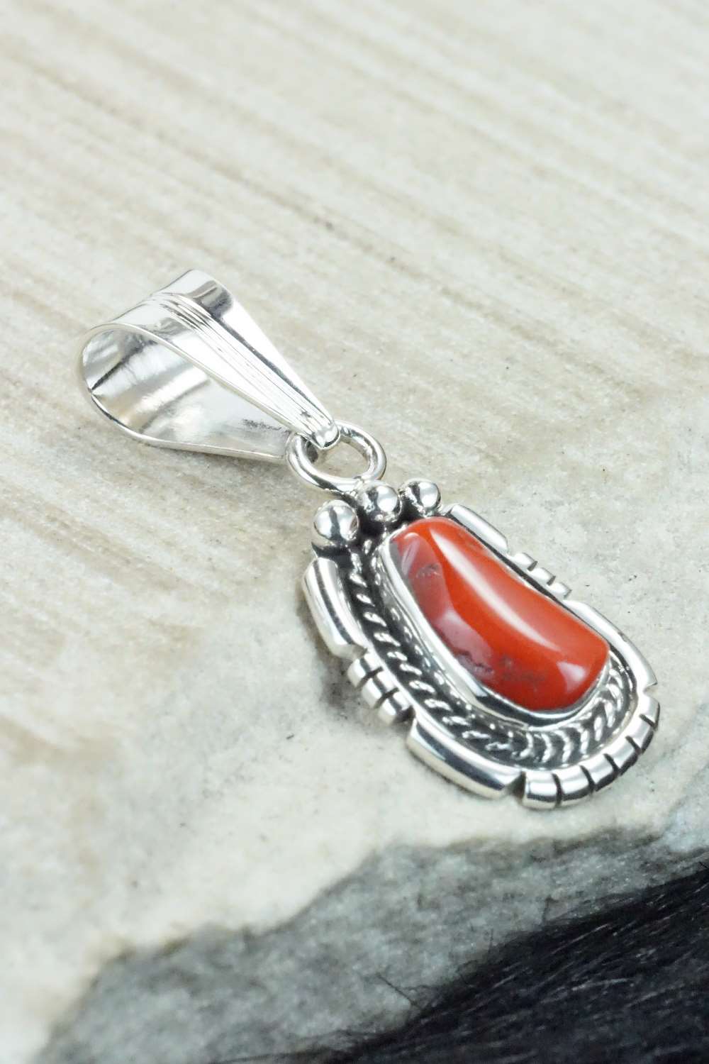 Coral & Sterling Silver Pendant - Samuel Yellowhair