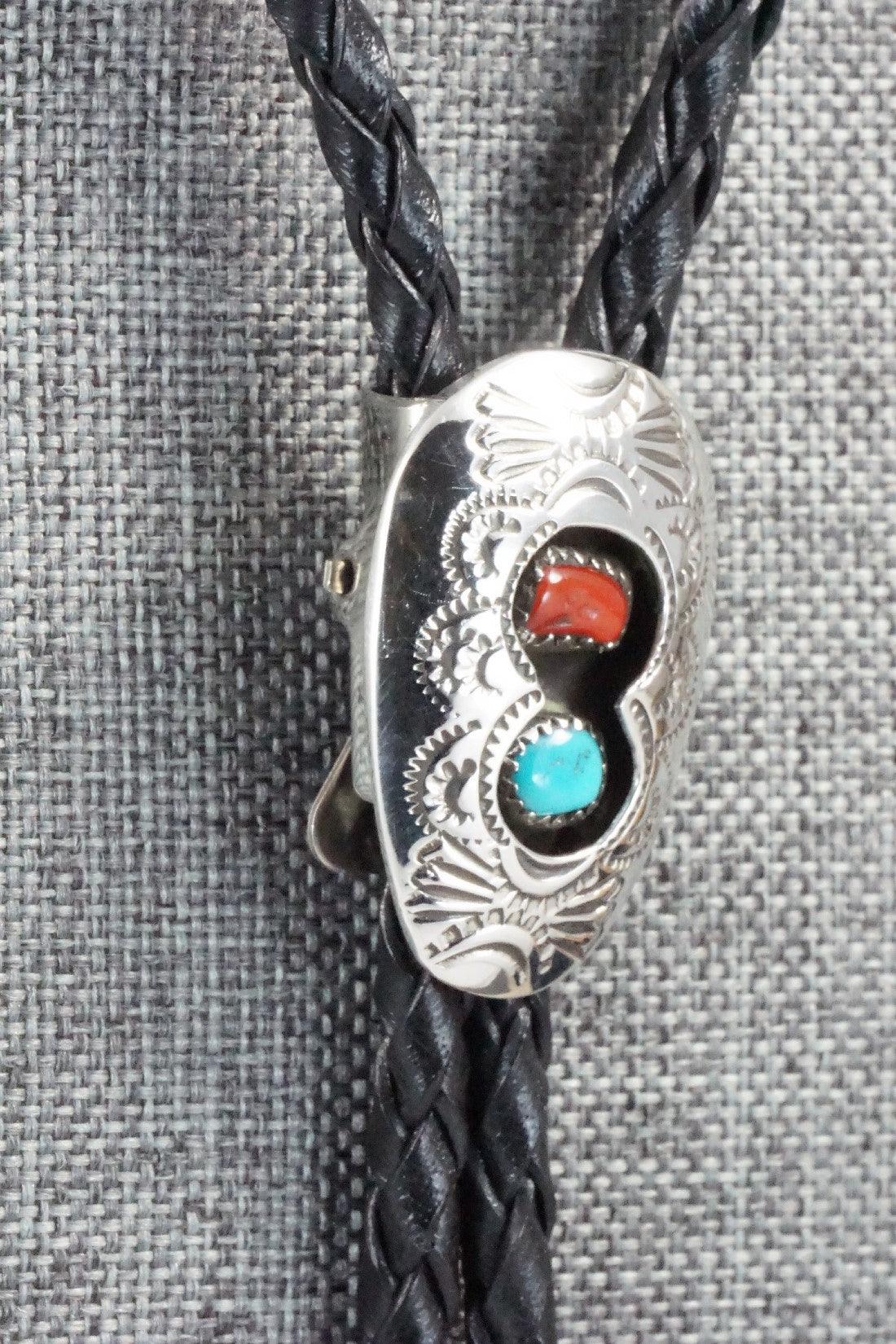 Turquoise, Coral & Sterling Silver Bolo Tie - Joann Silver