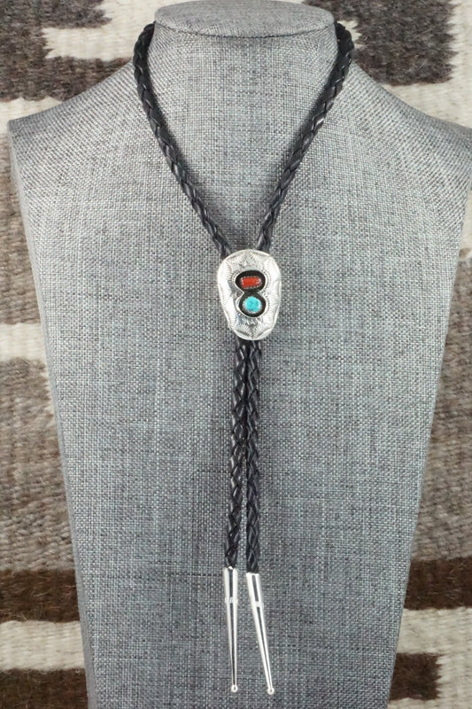Turquoise, Coral & Sterling Silver Bolo Tie - Joann Silver