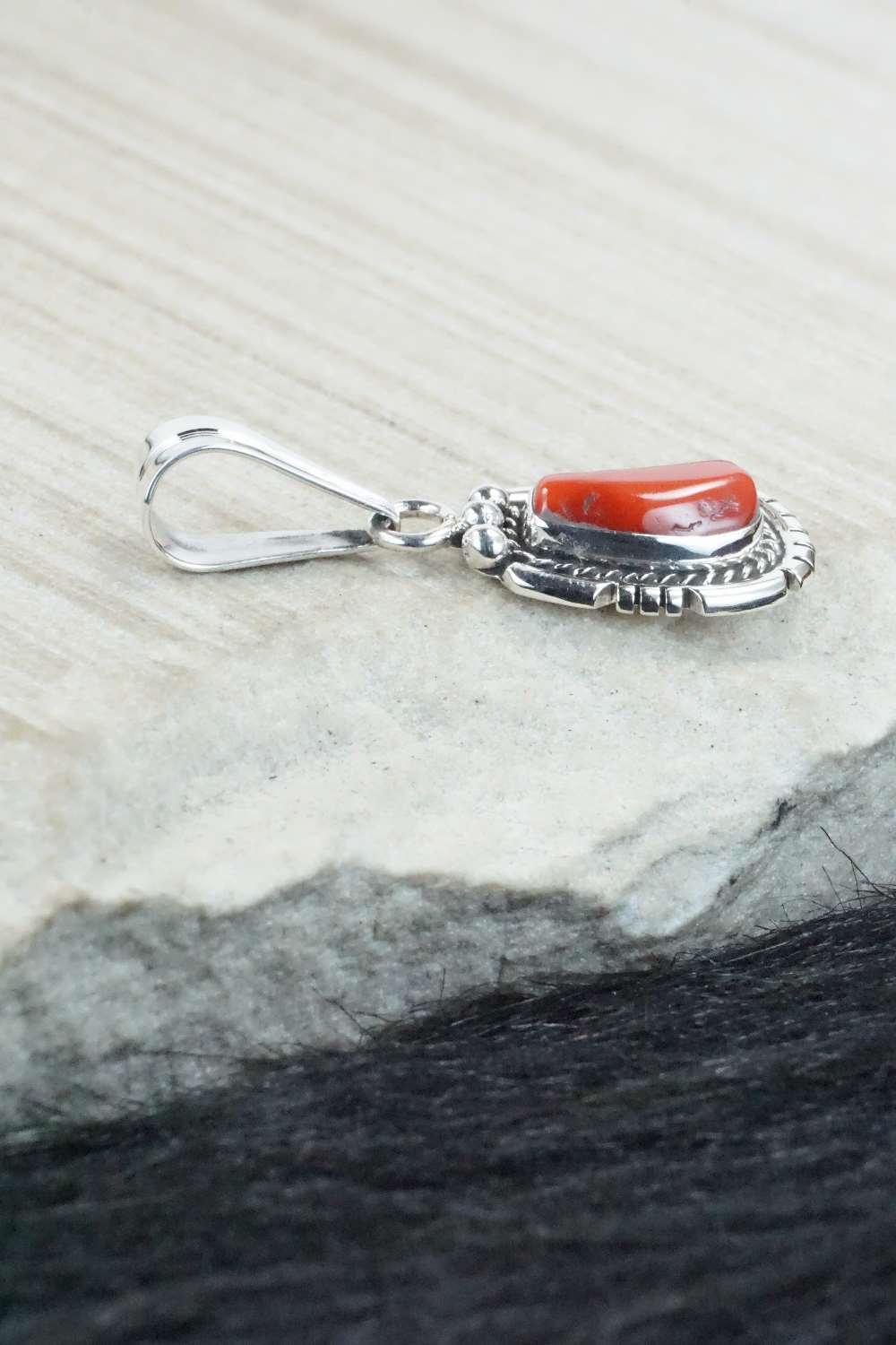 Coral & Sterling Silver Pendant - Samuel Yellowhair