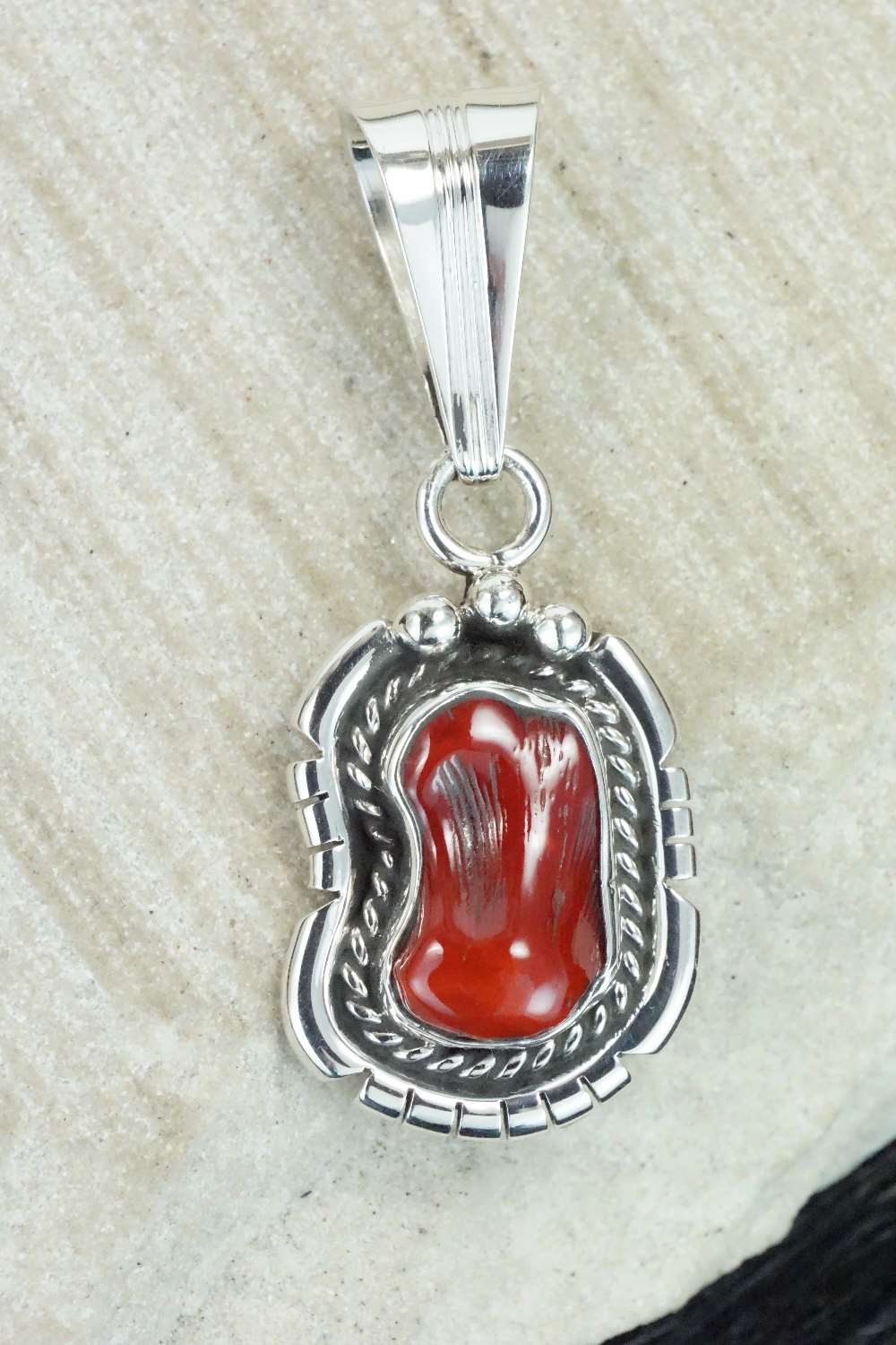 Coral & Sterling Silver Pendant - Samuel Yellowhair
