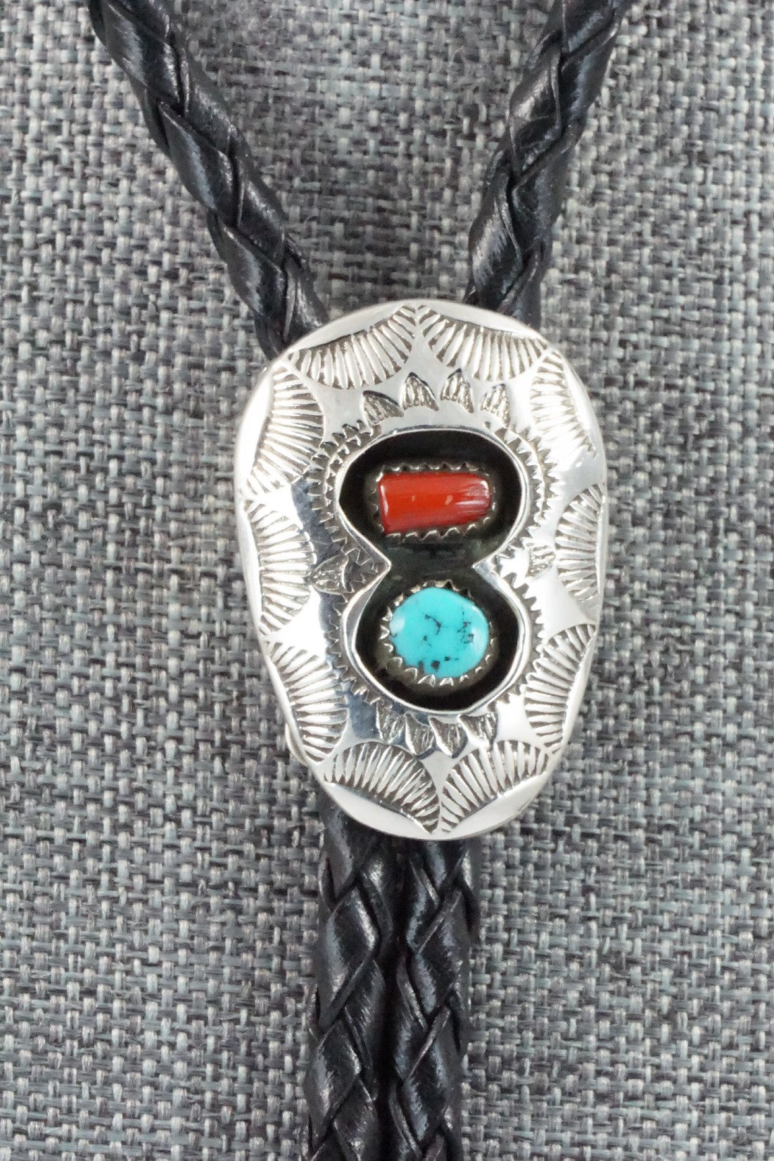 Turquoise, Coral & Sterling Silver Bolo Tie - Joann Silver
