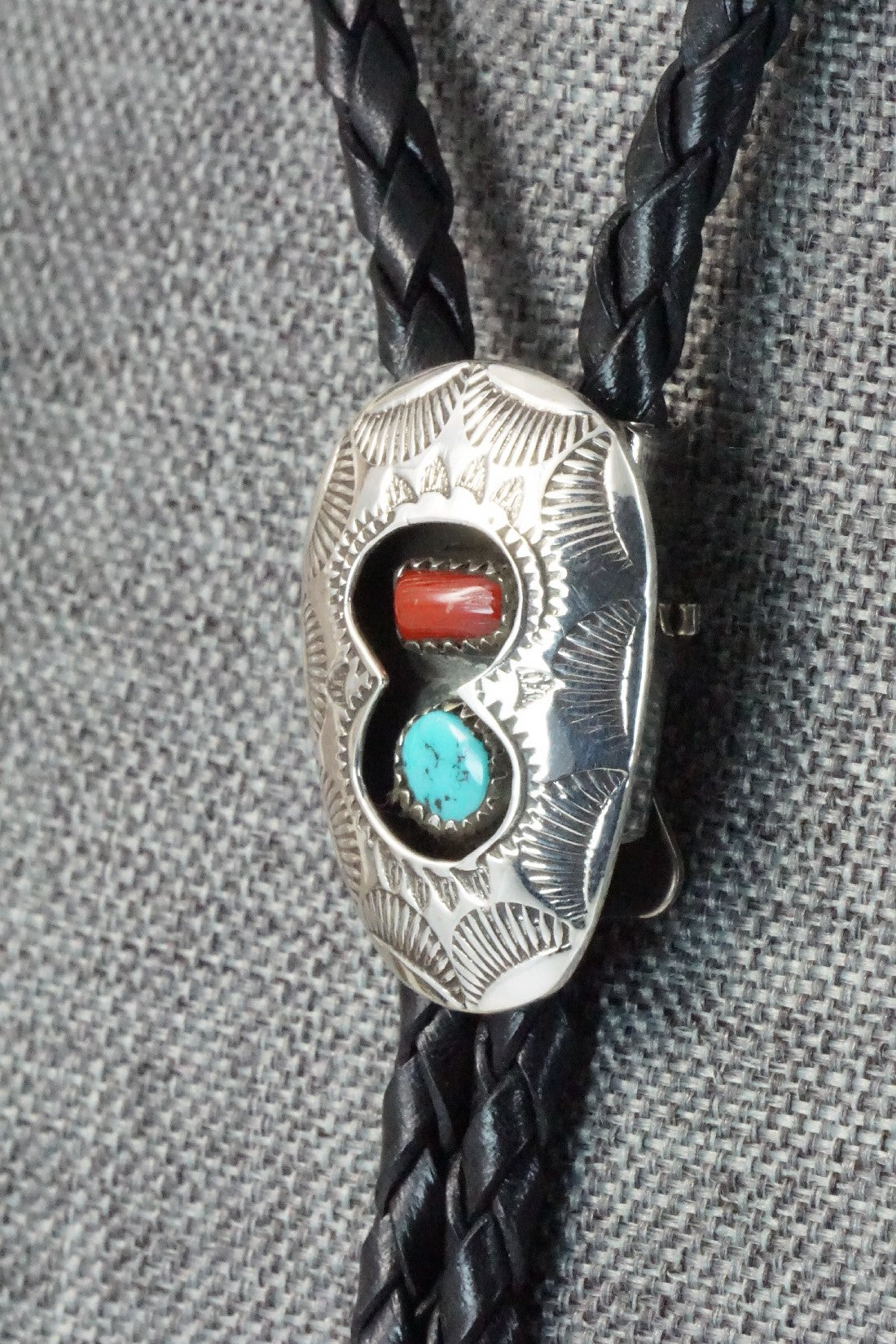 Turquoise, Coral & Sterling Silver Bolo Tie - Joann Silver