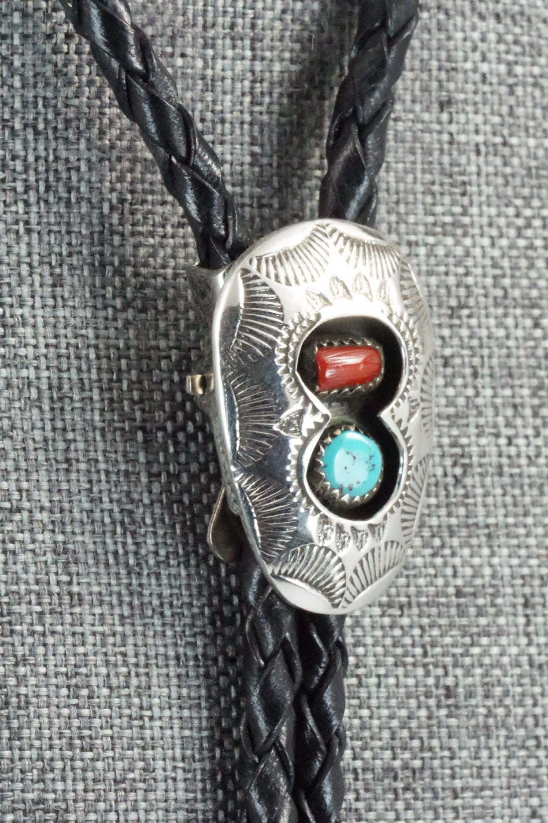 Turquoise, Coral & Sterling Silver Bolo Tie - Joann Silver