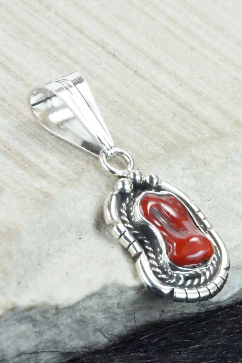 Coral & Sterling Silver Pendant - Samuel Yellowhair