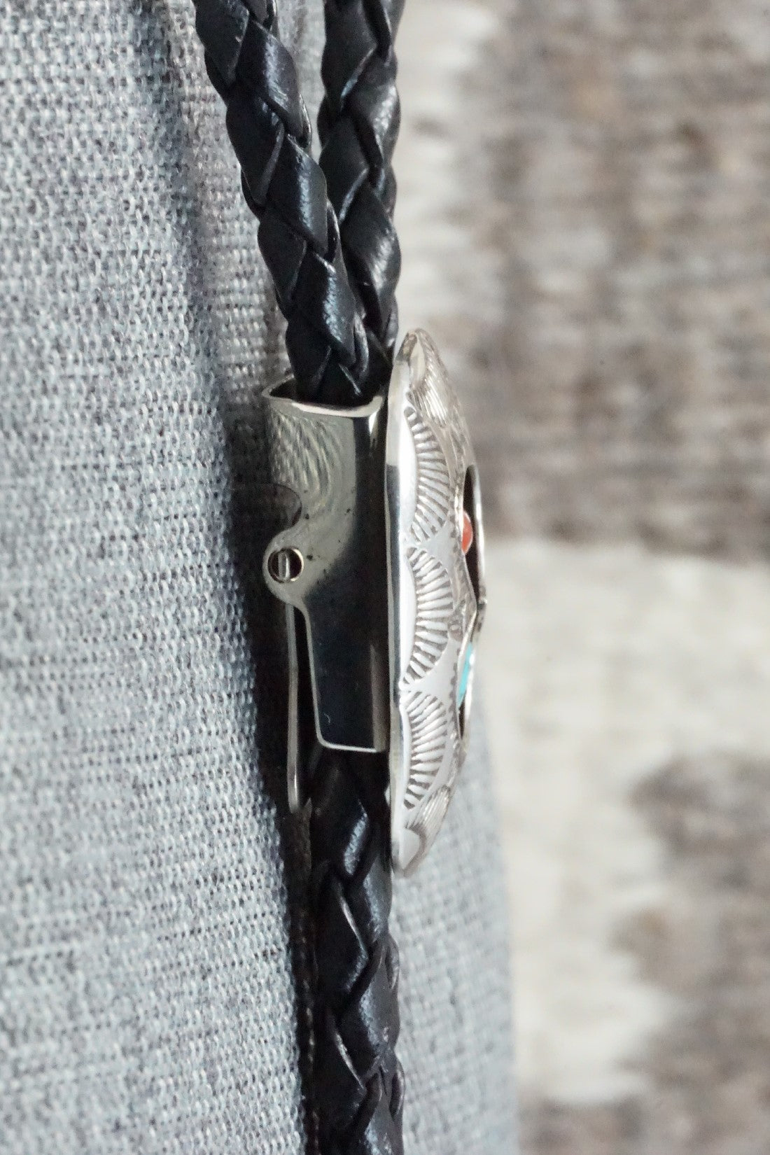 Turquoise, Coral & Sterling Silver Bolo Tie - Joann Silver