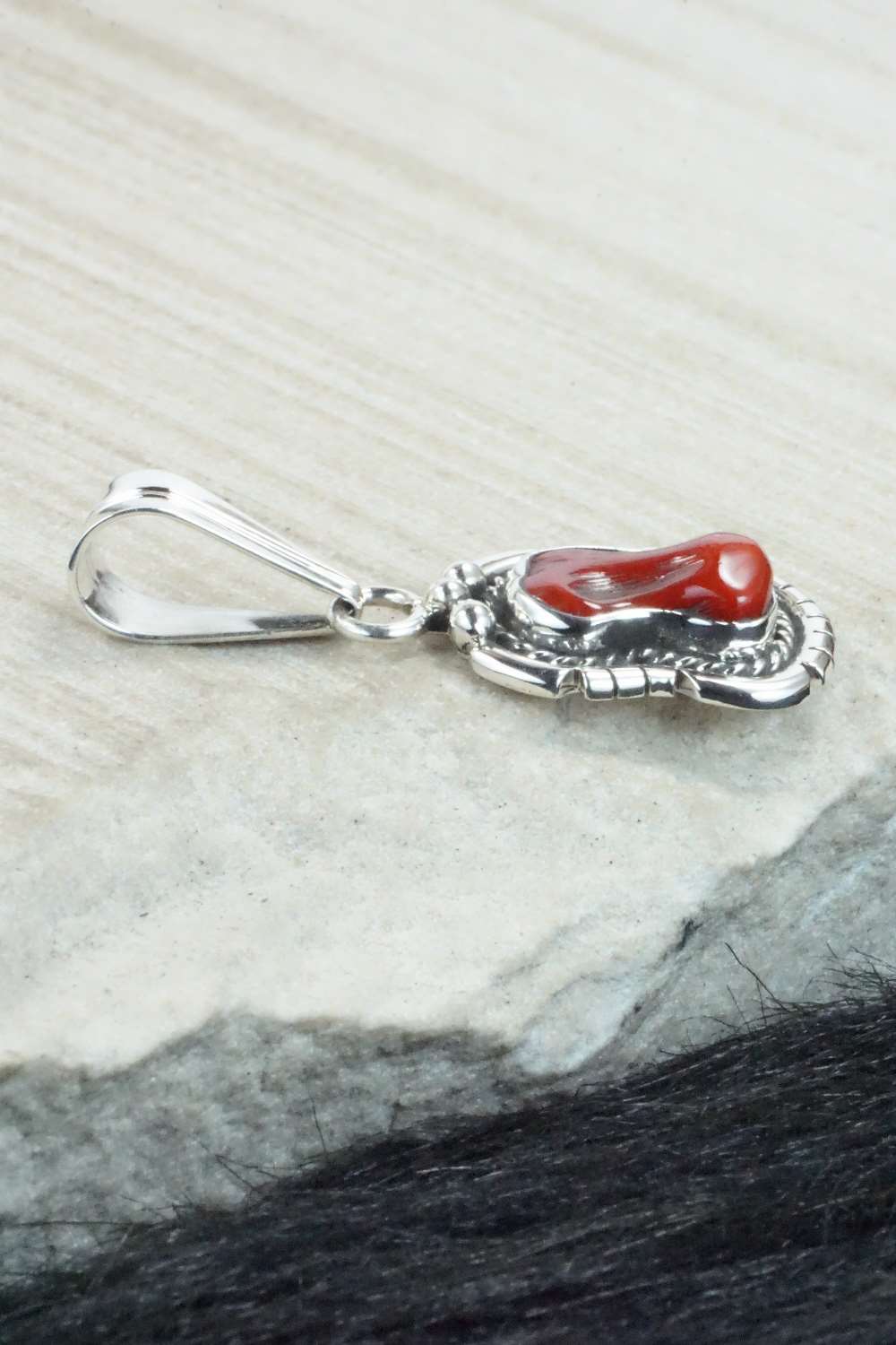 Coral & Sterling Silver Pendant - Samuel Yellowhair