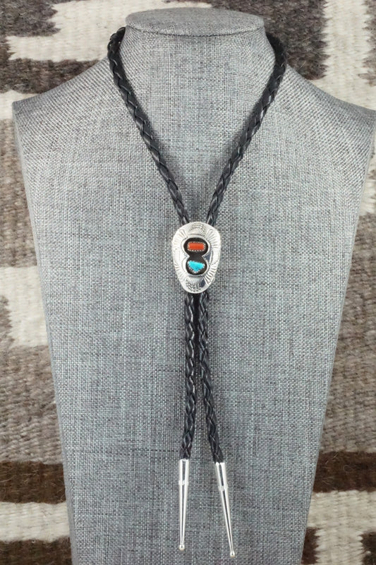 Turquoise, Coral & Sterling Silver Bolo Tie - Joann Silver