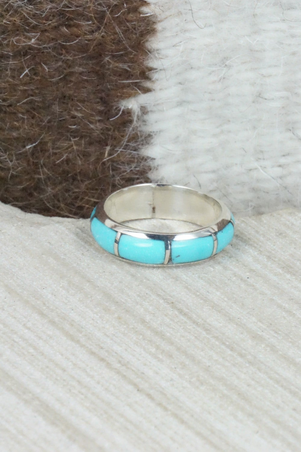 Turquoise & Sterling Silver Inlay Ring - Verna Kanesta - Size 7.75