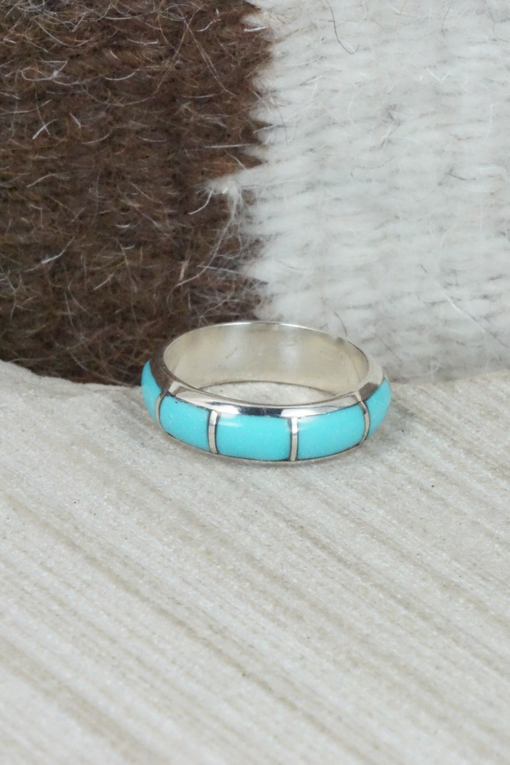 Turquoise & Sterling Silver Inlay Ring - Verna Kanesta - Size 6