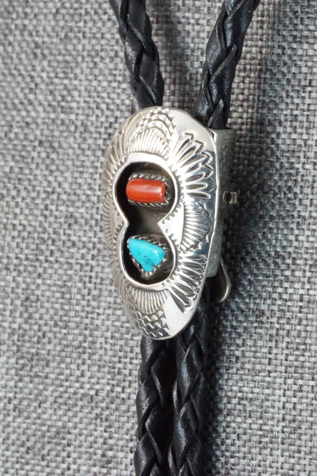 Turquoise, Coral & Sterling Silver Bolo Tie - Joann Silver