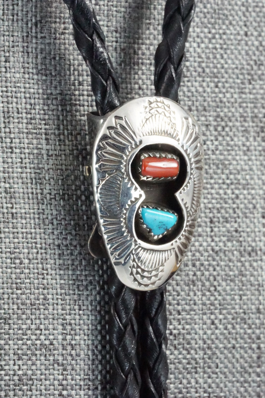 Turquoise, Coral & Sterling Silver Bolo Tie - Joann Silver