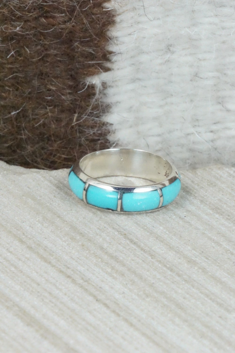 Turquoise & Sterling Silver Inlay Ring - Verna Kanesta - Size 7.75