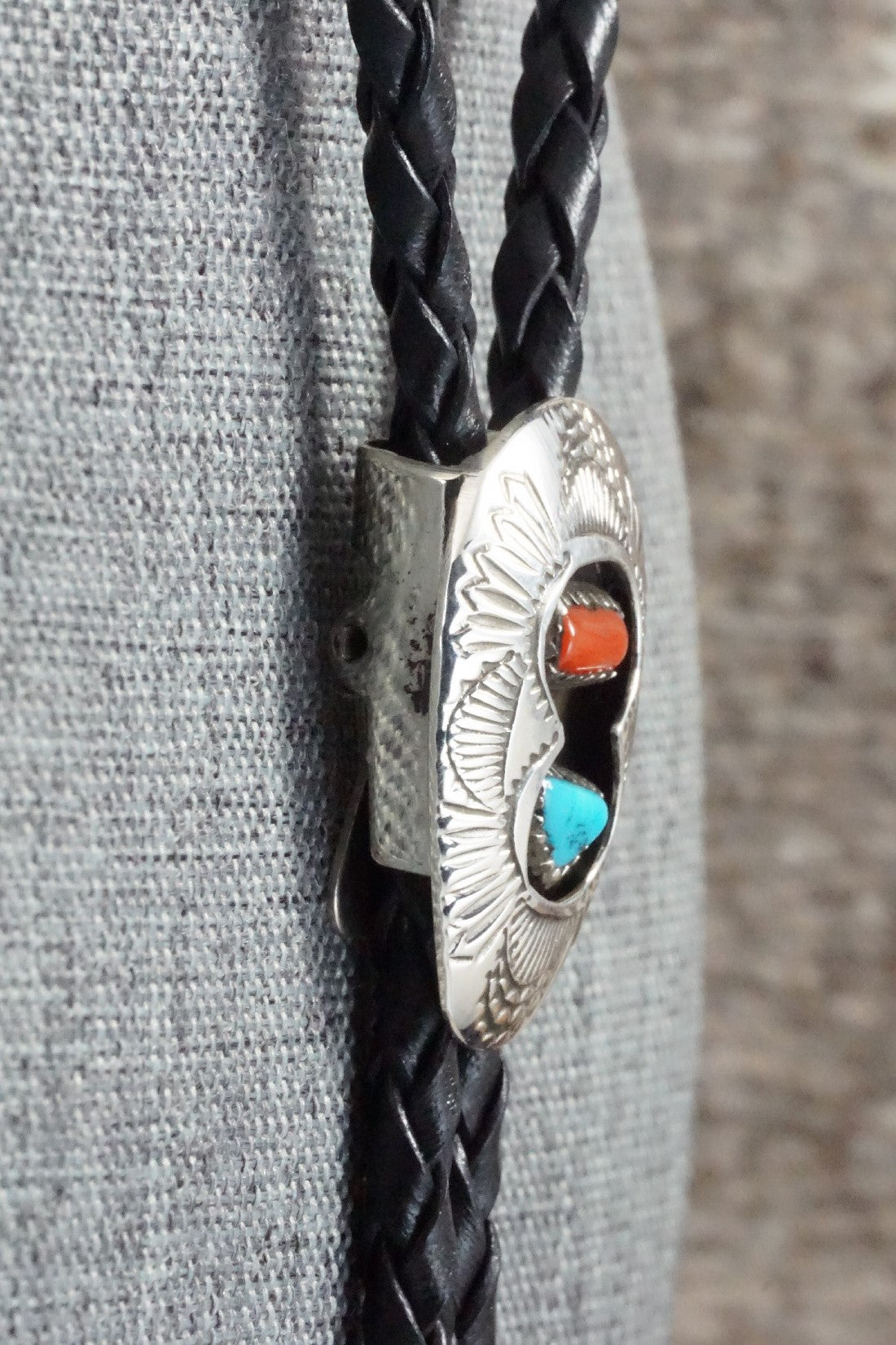 Turquoise, Coral & Sterling Silver Bolo Tie - Joann Silver