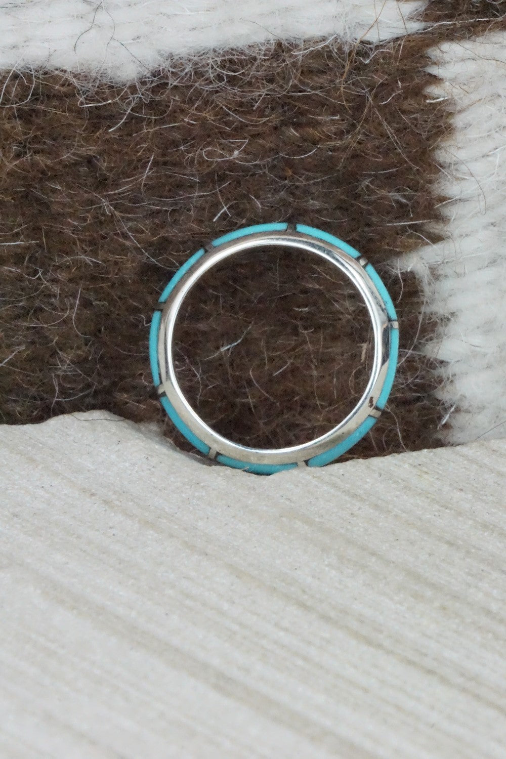 Turquoise & Sterling Silver Inlay Ring - Verna Kanesta - Size 7.75