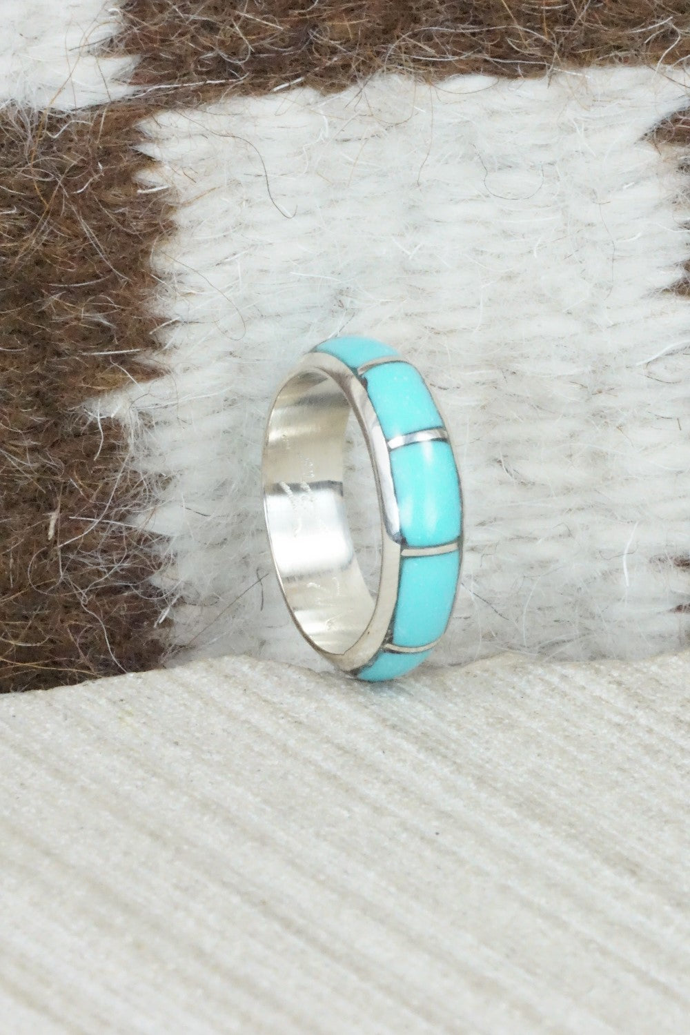 Turquoise & Sterling Silver Inlay Ring - Verna Kanesta - Size 6.25