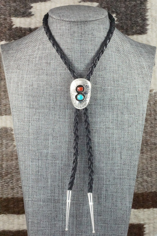 Turquoise, Coral & Sterling Silver Bolo Tie - Joann Silver