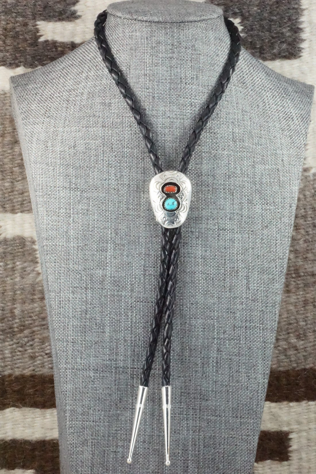 Turquoise, Coral & Sterling Silver Bolo Tie - Joann Silver