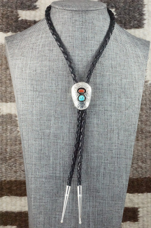 Turquoise, Coral & Sterling Silver Bolo Tie - Joann Silver