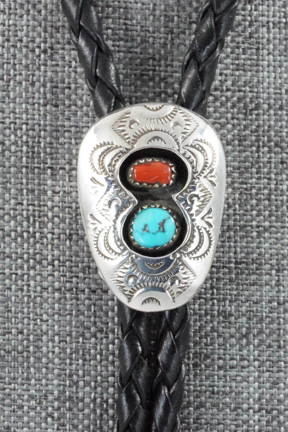 Turquoise, Coral & Sterling Silver Bolo Tie - Joann Silver
