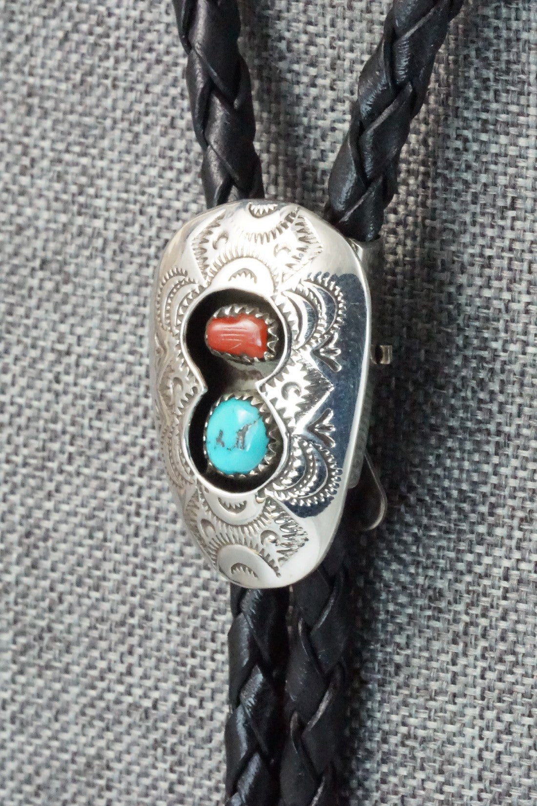 Turquoise, Coral & Sterling Silver Bolo Tie - Joann Silver