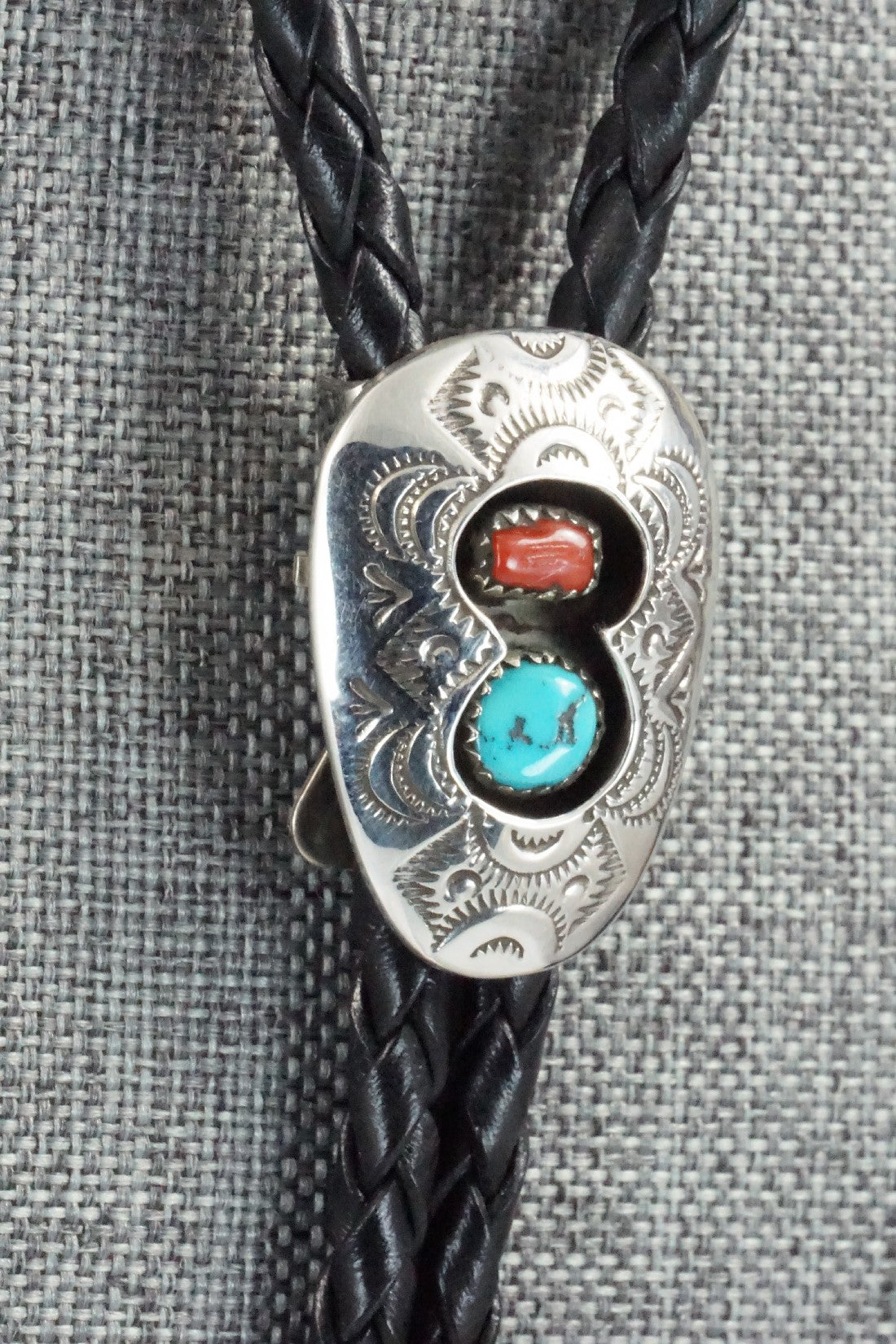 Turquoise, Coral & Sterling Silver Bolo Tie - Joann Silver