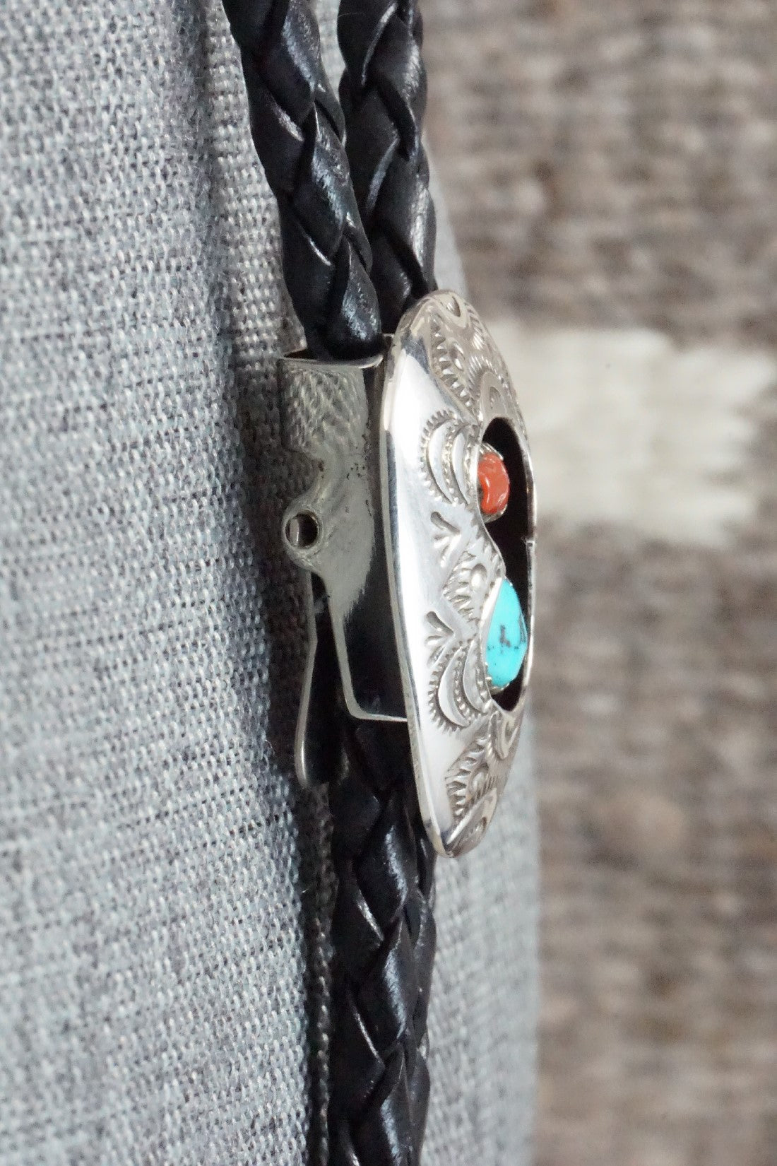 Turquoise, Coral & Sterling Silver Bolo Tie - Joann Silver