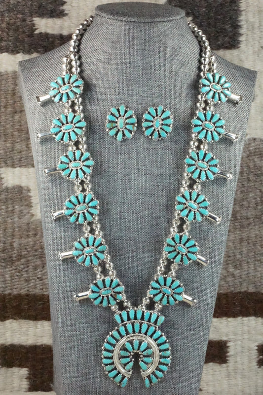 Turquoise & Sterling Silver Squash Blossom Necklace and Earrings - Zeita Begay