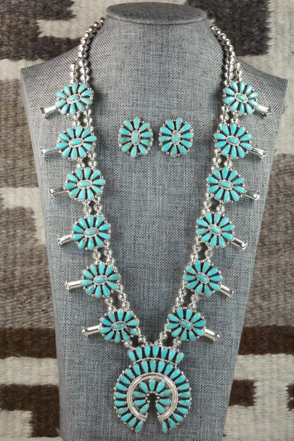 Turquoise & Sterling Silver Squash Blossom Necklace and Earrings - Zeita Begay