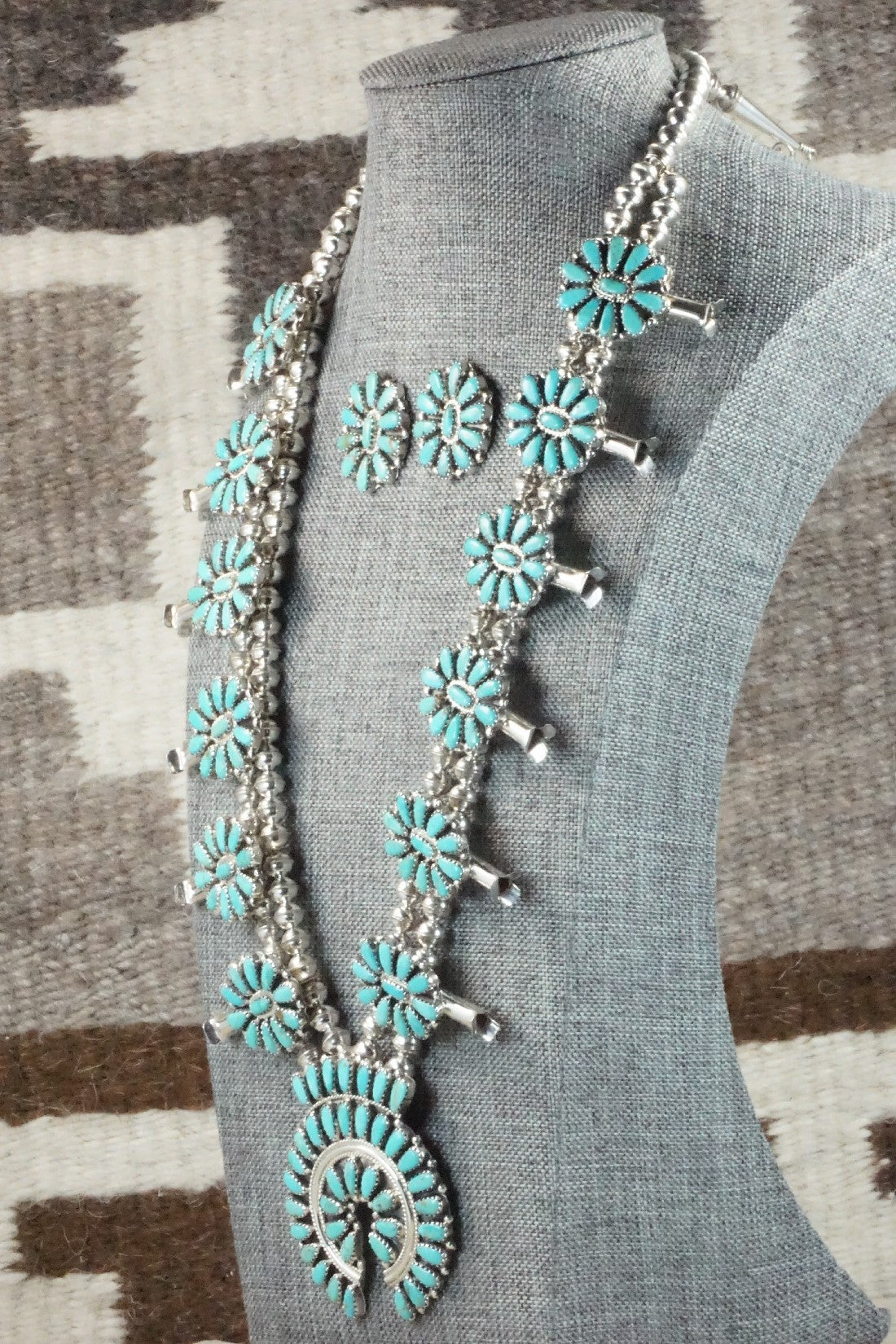 Turquoise & Sterling Silver Squash Blossom Necklace and Earrings - Zeita Begay