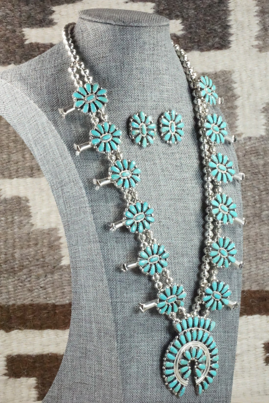 Turquoise & Sterling Silver Squash Blossom Necklace and Earrings - Zeita Begay