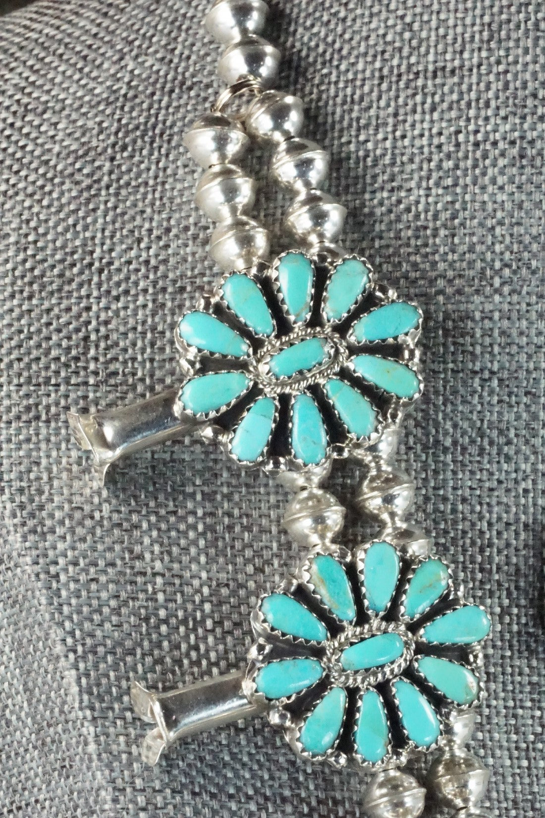 Turquoise & Sterling Silver Squash Blossom Necklace and Earrings - Zeita Begay