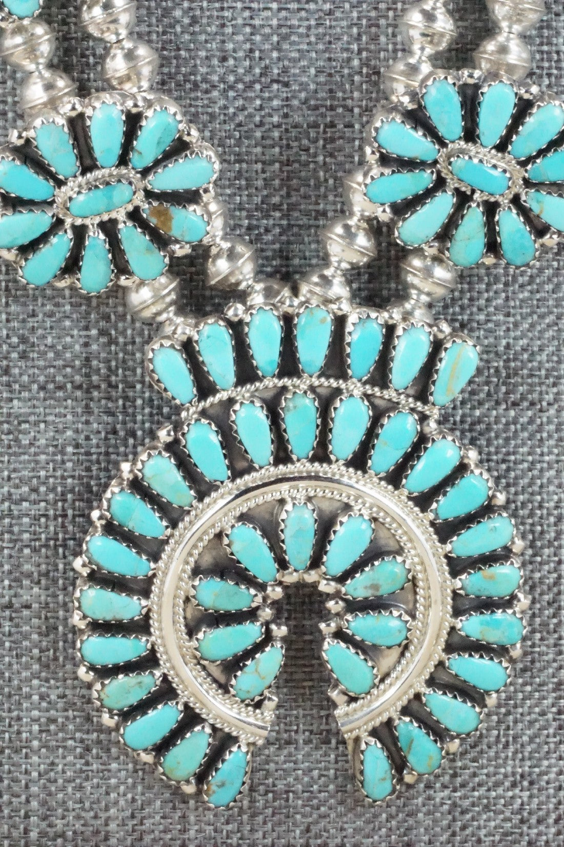 Turquoise & Sterling Silver Squash Blossom Necklace and Earrings - Zeita Begay