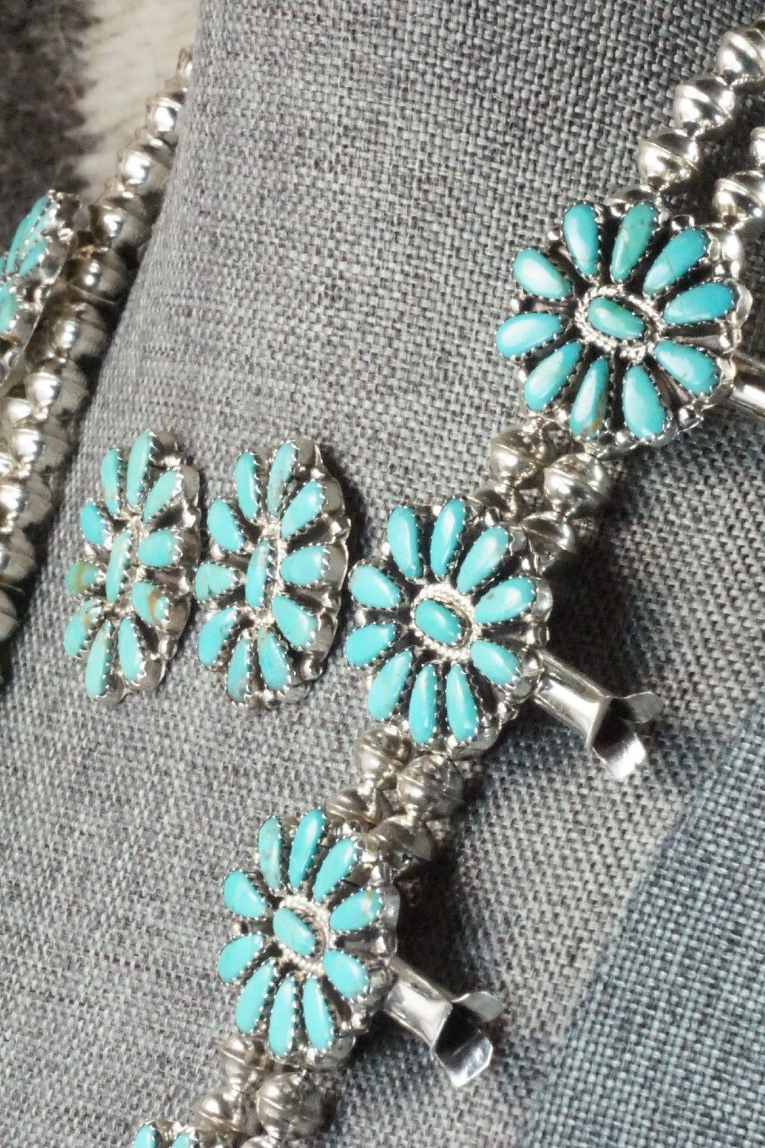 Turquoise & Sterling Silver Squash Blossom Necklace and Earrings - Zeita Begay