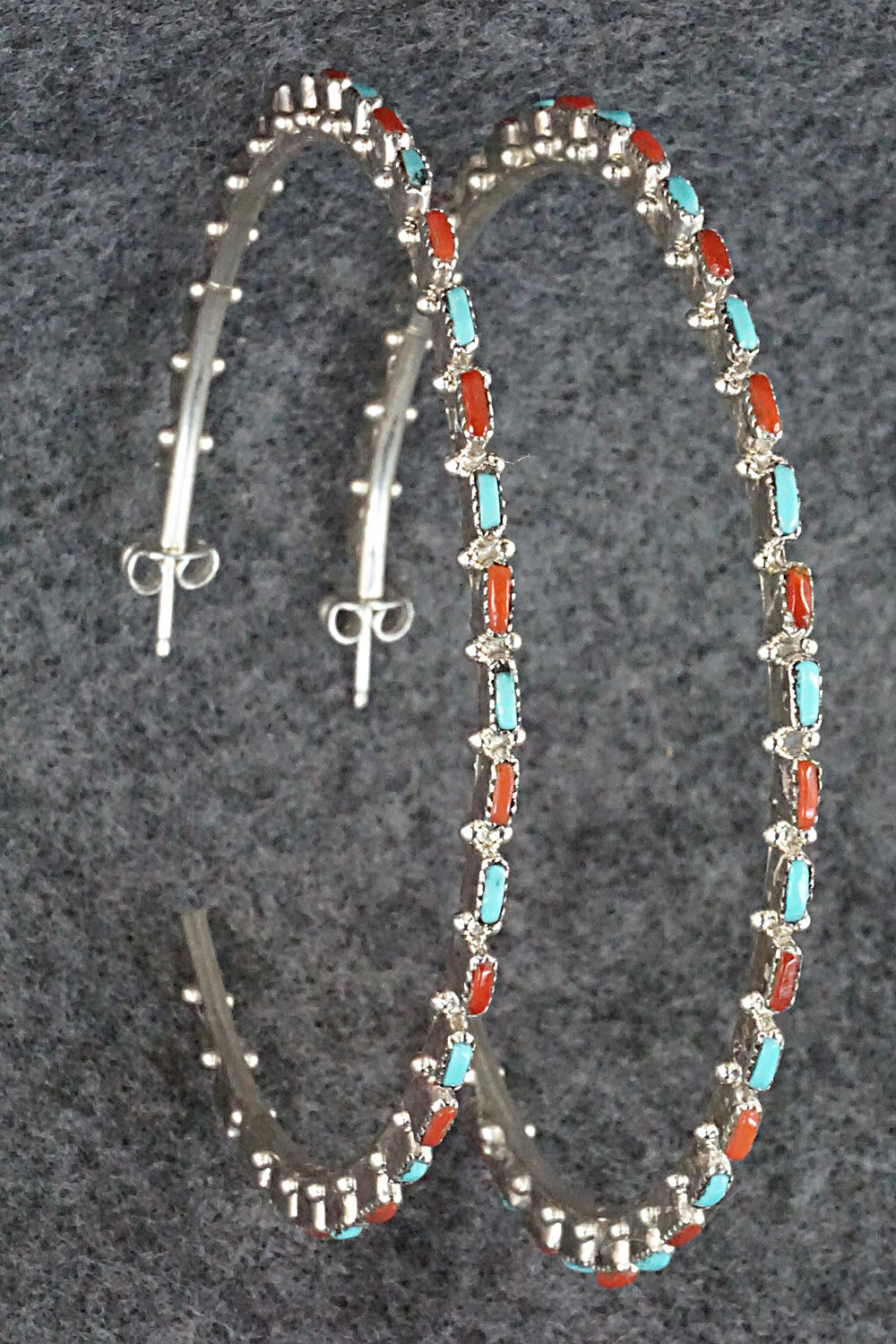 Turquoise, Coral & Sterling Silver Hoop Earrings - Alvin & Aurelia Hughte