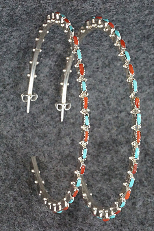 Turquoise, Coral & Sterling Silver Hoop Earrings - Alvin & Aurelia Hughte