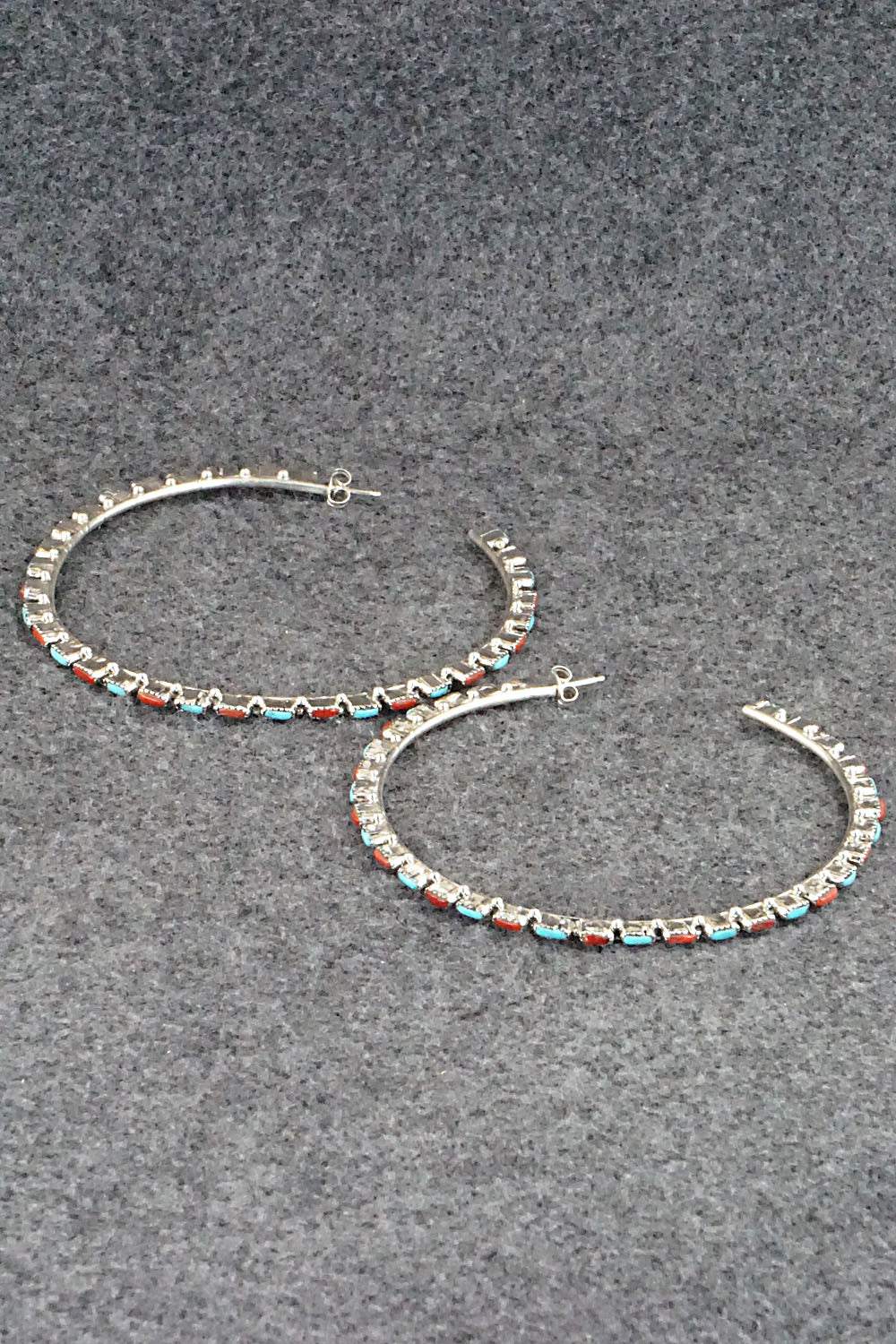 Turquoise, Coral & Sterling Silver Hoop Earrings - Alvin & Aurelia Hughte