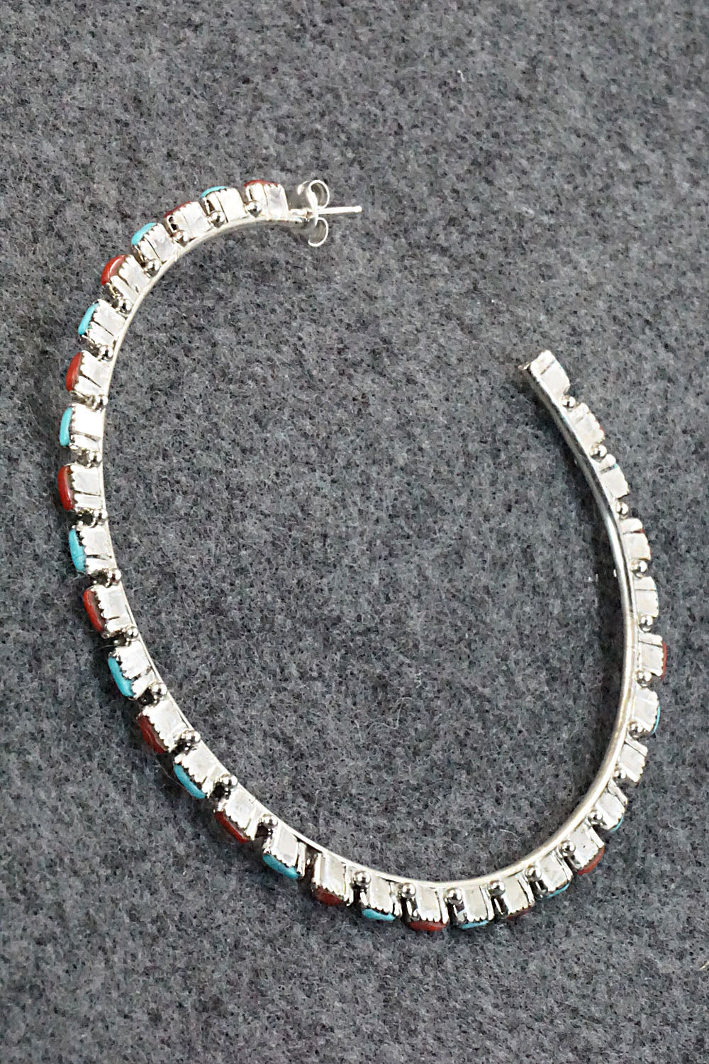 Turquoise, Coral & Sterling Silver Hoop Earrings - Alvin & Aurelia Hughte