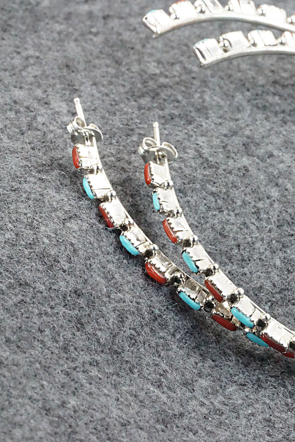 Turquoise, Coral & Sterling Silver Hoop Earrings - Alvin & Aurelia Hughte