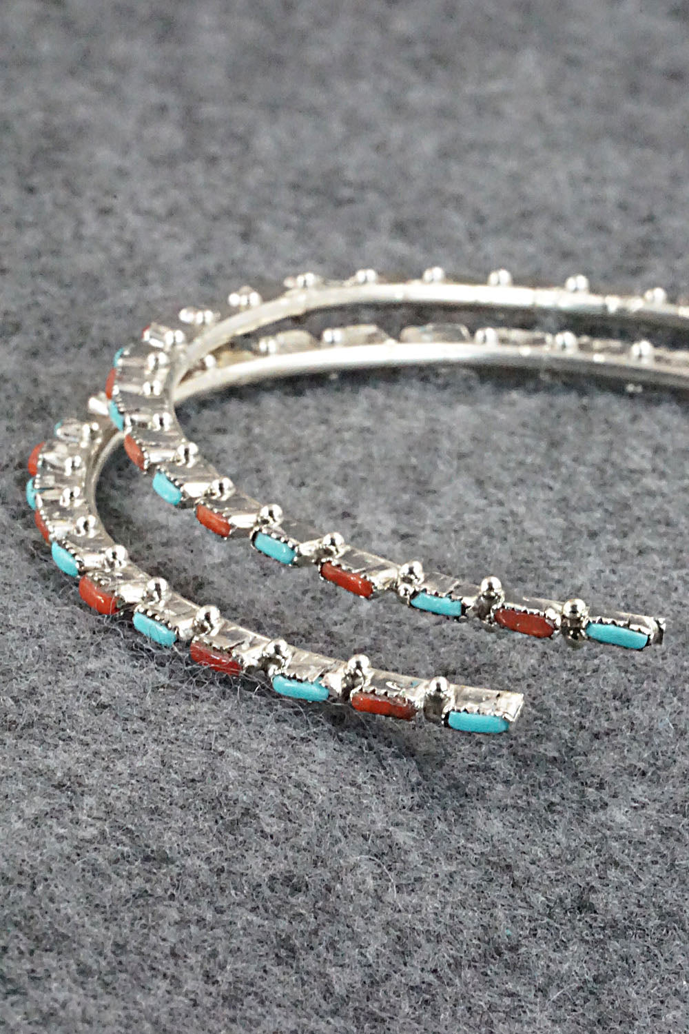 Turquoise, Coral & Sterling Silver Hoop Earrings - Alvin & Aurelia Hughte