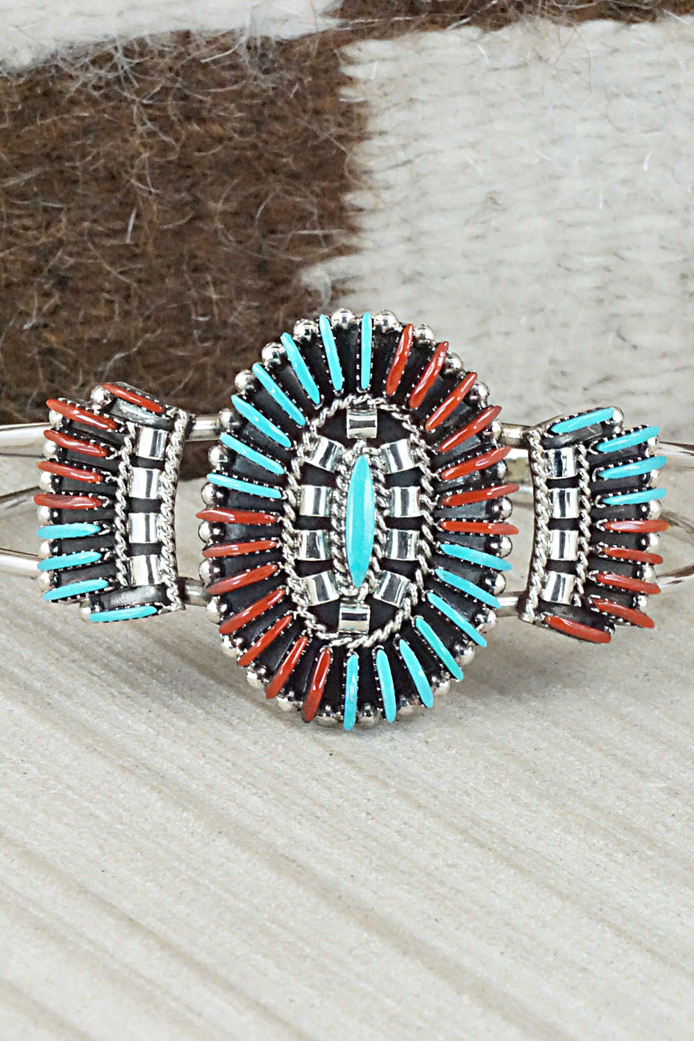 Coral, Turquoise & Sterling Silver Bracelet - Edmund Cooeyate