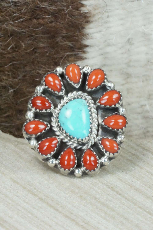 Coral, Turquoise & Sterling Silver Ring - Roberta Begay - Size 7.5