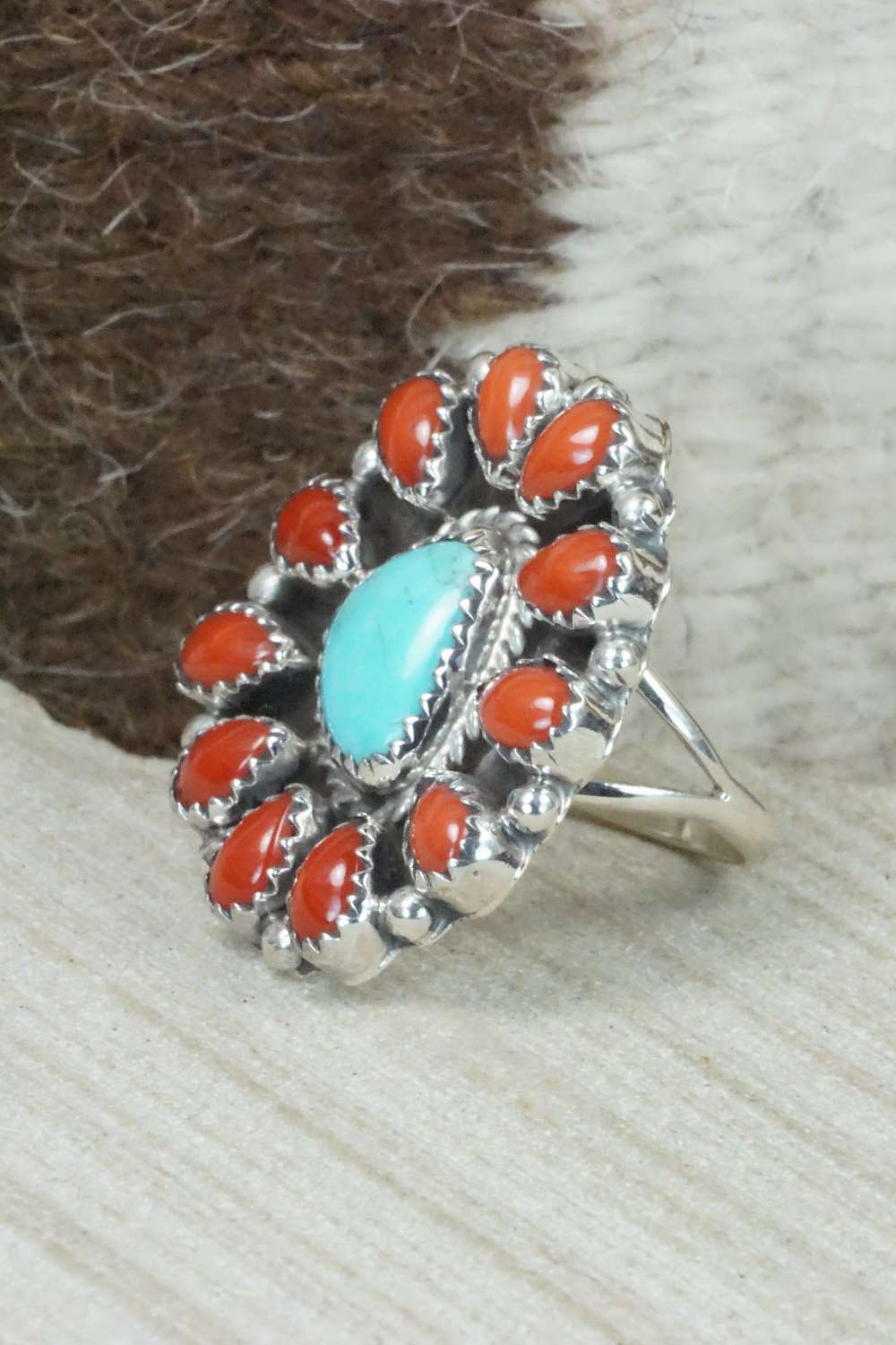 Coral, Turquoise & Sterling Silver Ring - Roberta Begay - Size 7.5