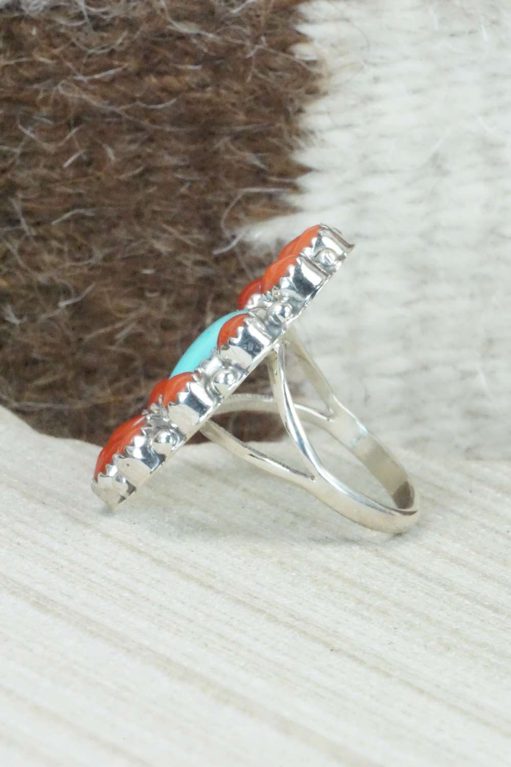 Coral, Turquoise & Sterling Silver Ring - Roberta Begay - Size 7.5