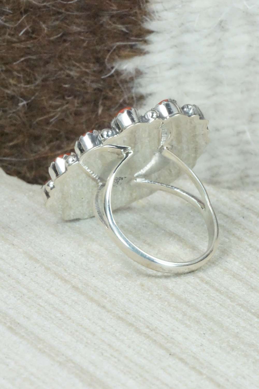 Coral, Turquoise & Sterling Silver Ring - Roberta Begay - Size 7.5