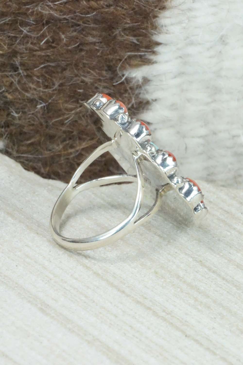 Coral, Turquoise & Sterling Silver Ring - Roberta Begay - Size 7.5