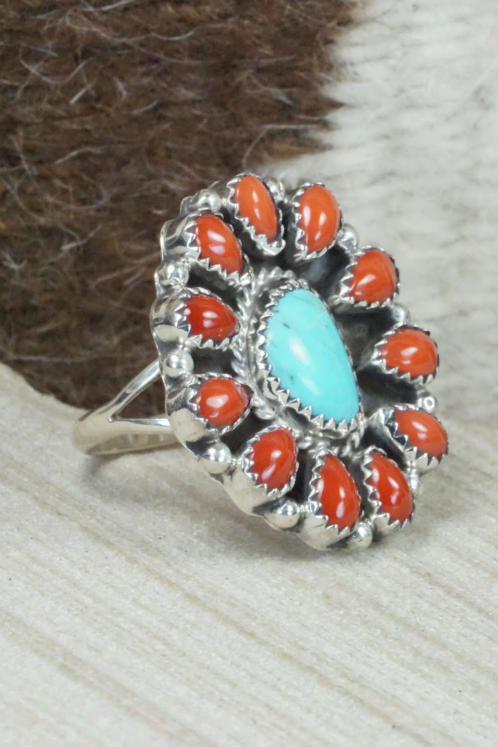 Coral, Turquoise & Sterling Silver Ring - Roberta Begay - Size 7.5